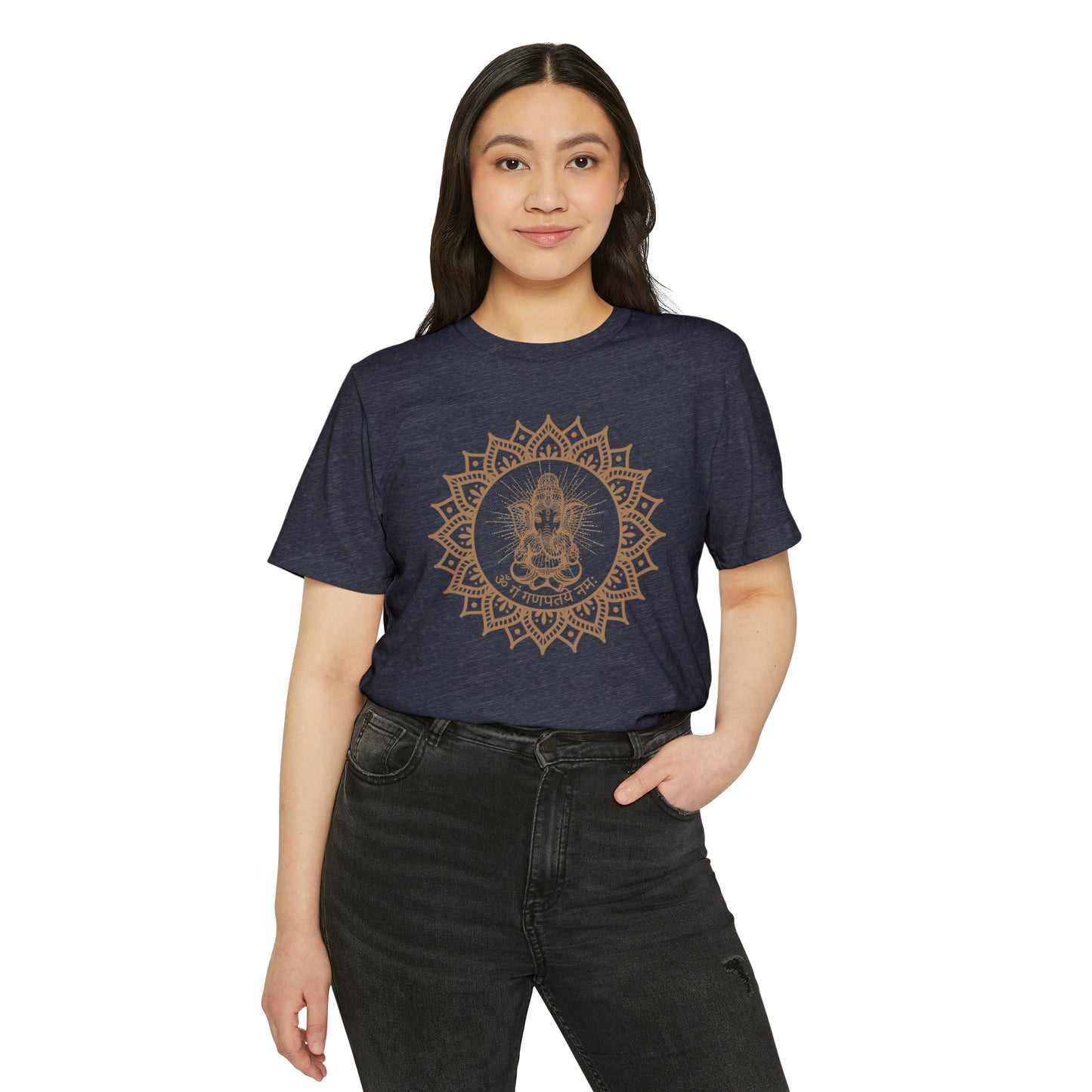Om Gam Ganapataye Namaha Unisex Recycled Organic T-Shirt on model (Navy)