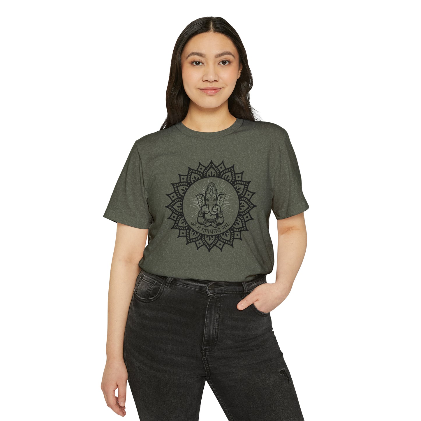 Om Gam Ganapataye Namaha Unisex Recycled Organic T-Shirt on model (Military Green)