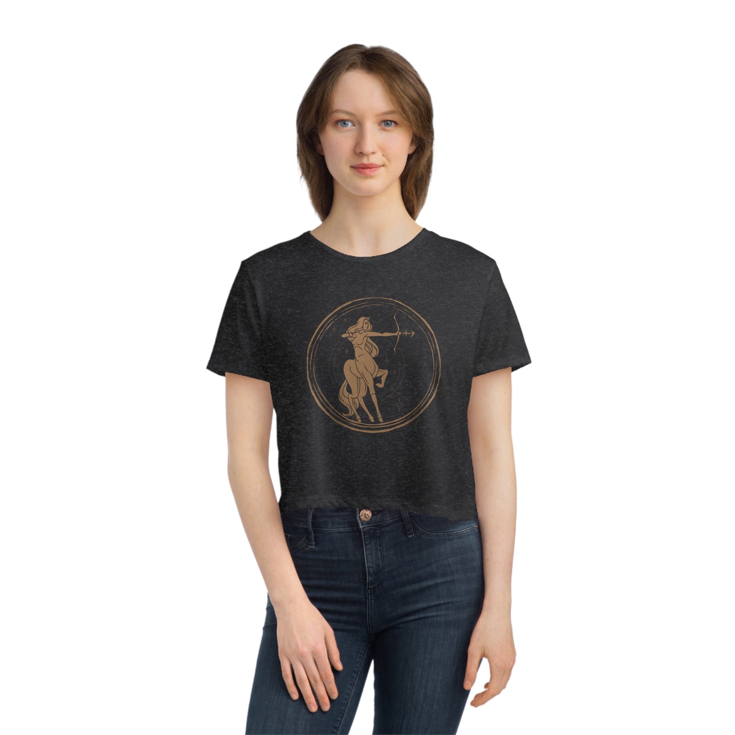Sagittarius Zodiac Cropped Tee on model (Dark Grey)