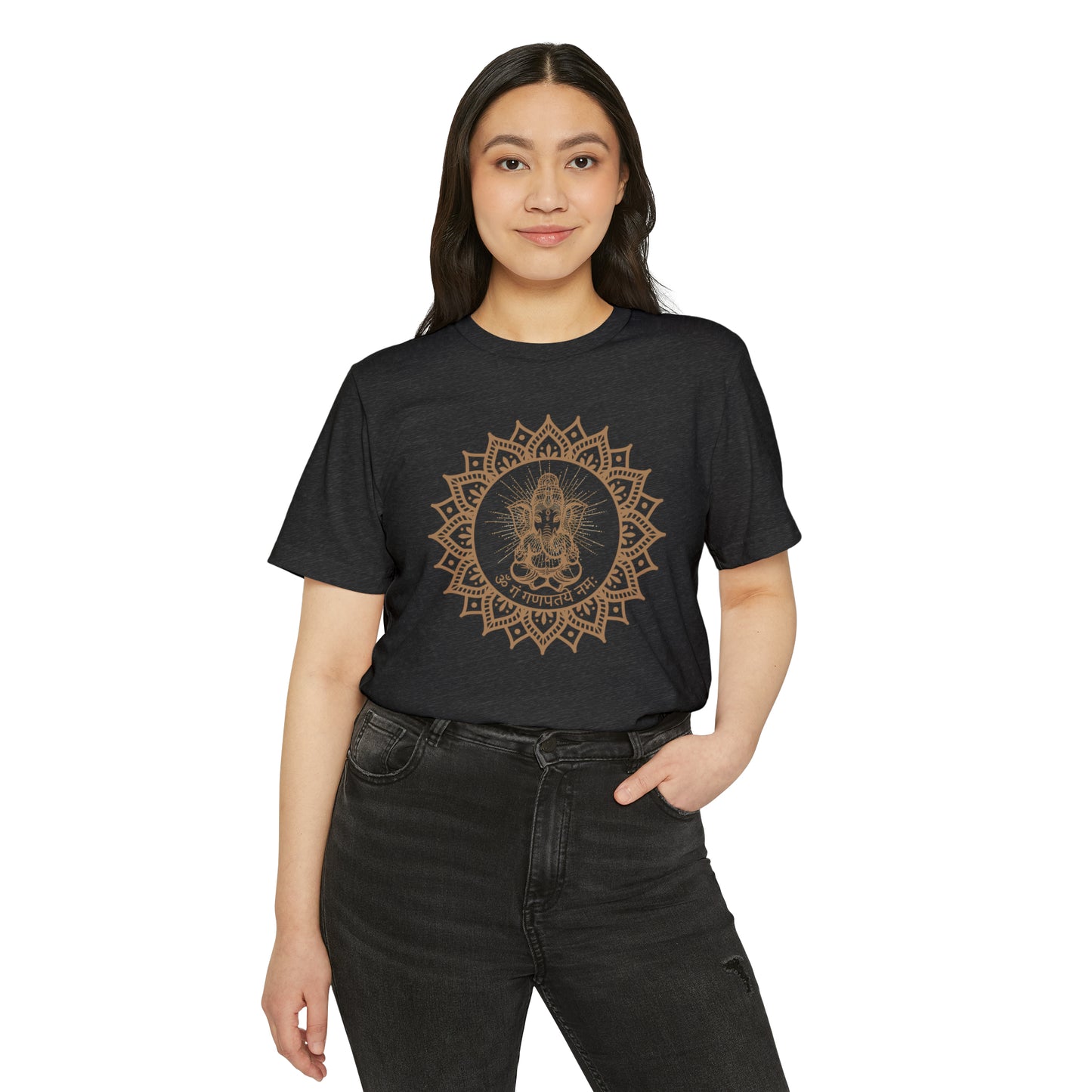 Om Gam Ganapataye Namaha Unisex Recycled Organic T-Shirt on model (Dark Grey)