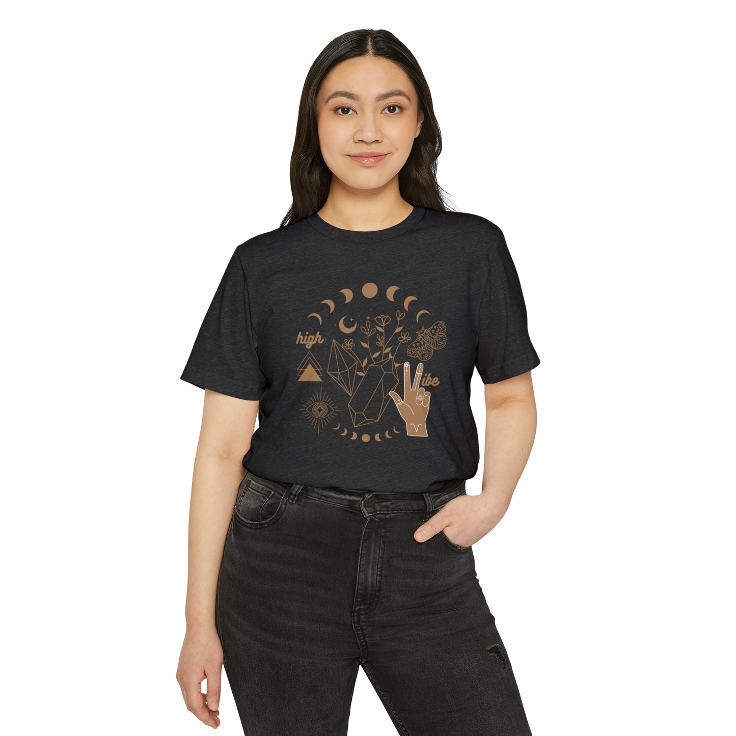 High Vibe Unisex Recycled Organic T-Shirt on model (Dark Grey)