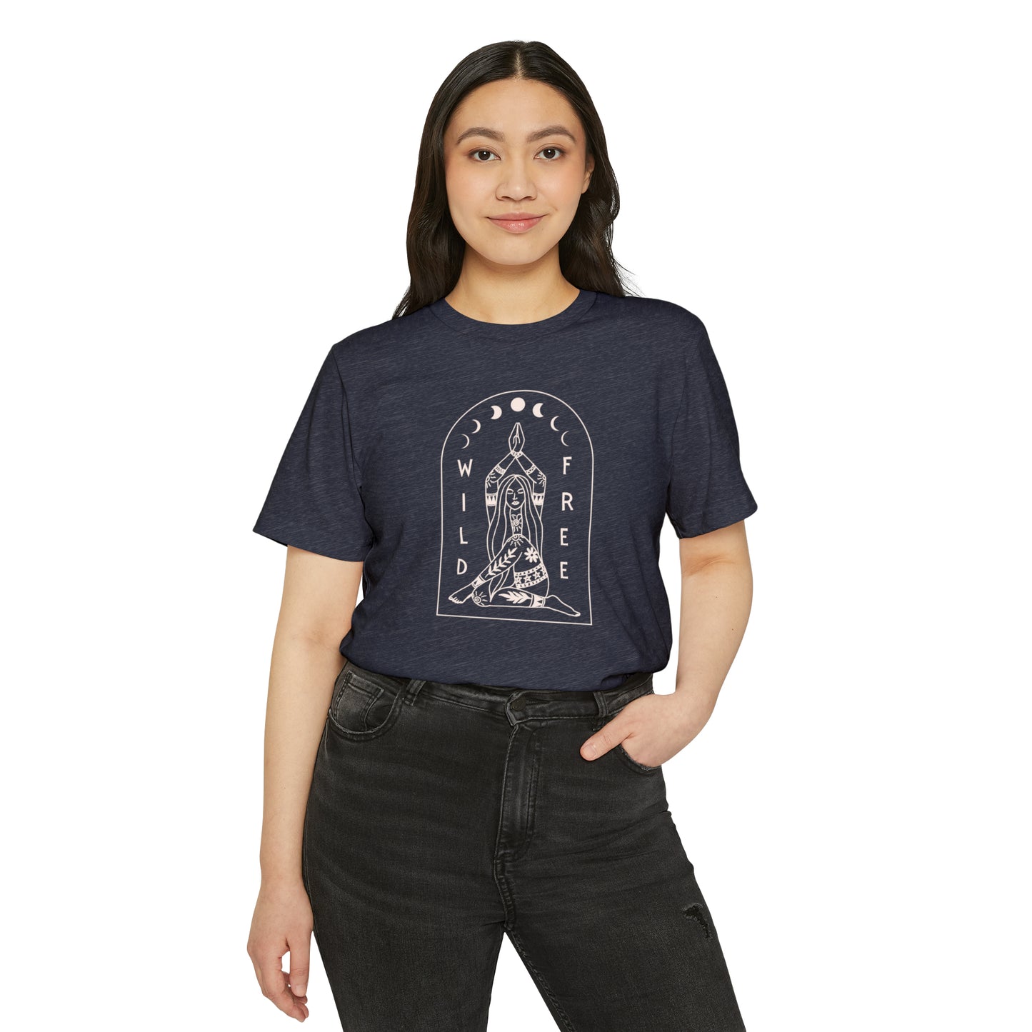 Wild & Free Unisex Recycled Organic T-Shirt on model (Navy)
