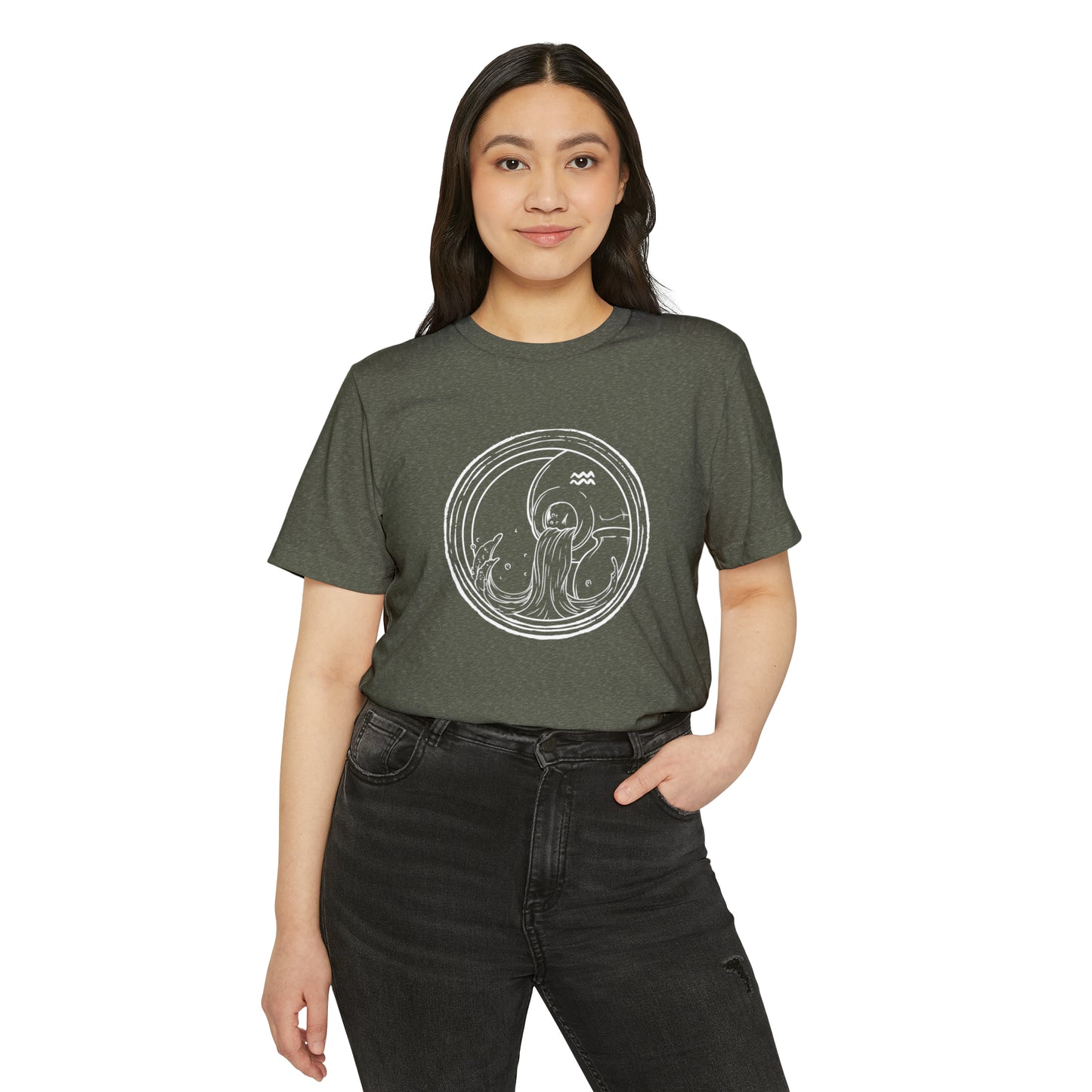 Aquarius Unisex Recycled Organic T-Shirt on model (Military Green)