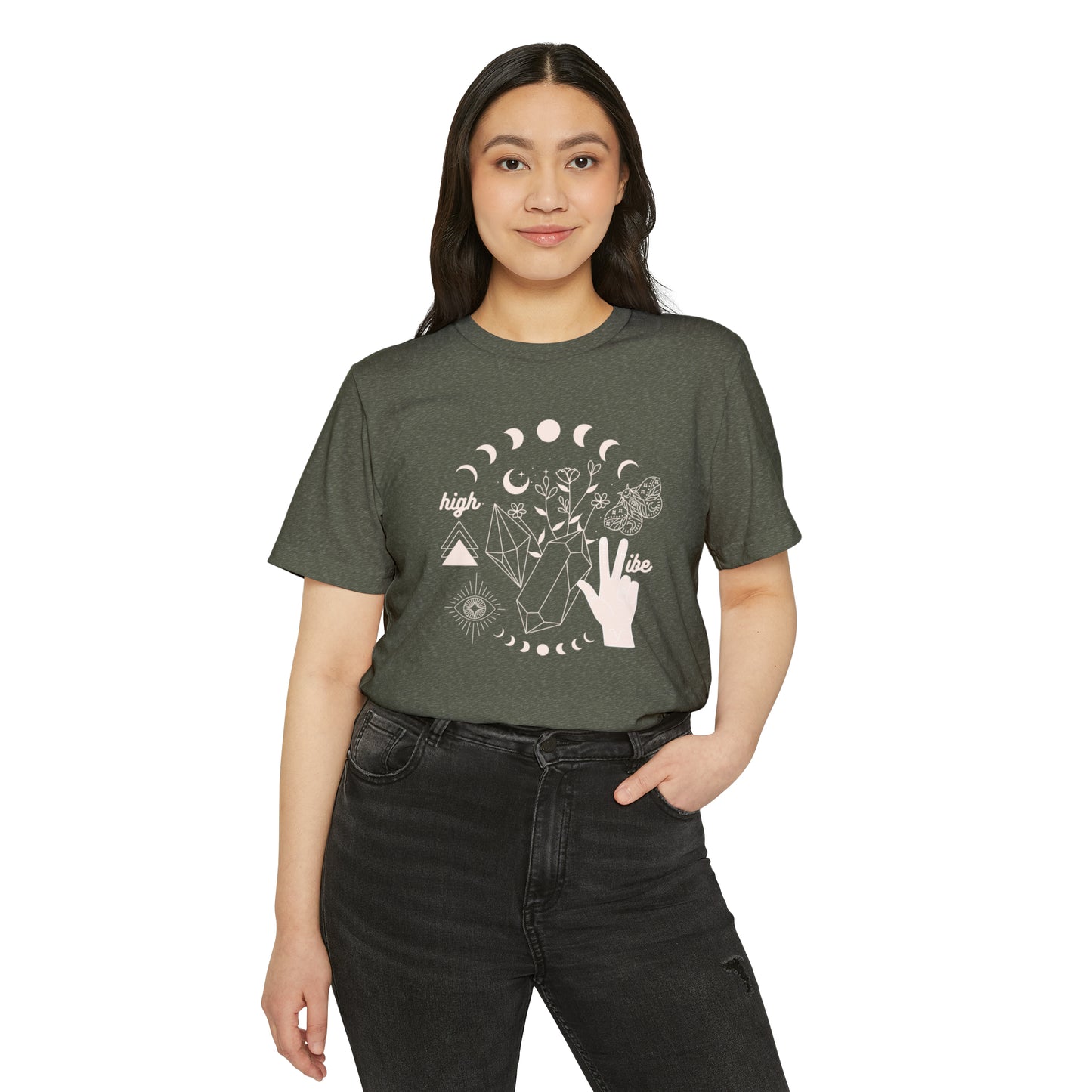 High Vibe Unisex Recycled Organic T-Shirt on model (Military Green)