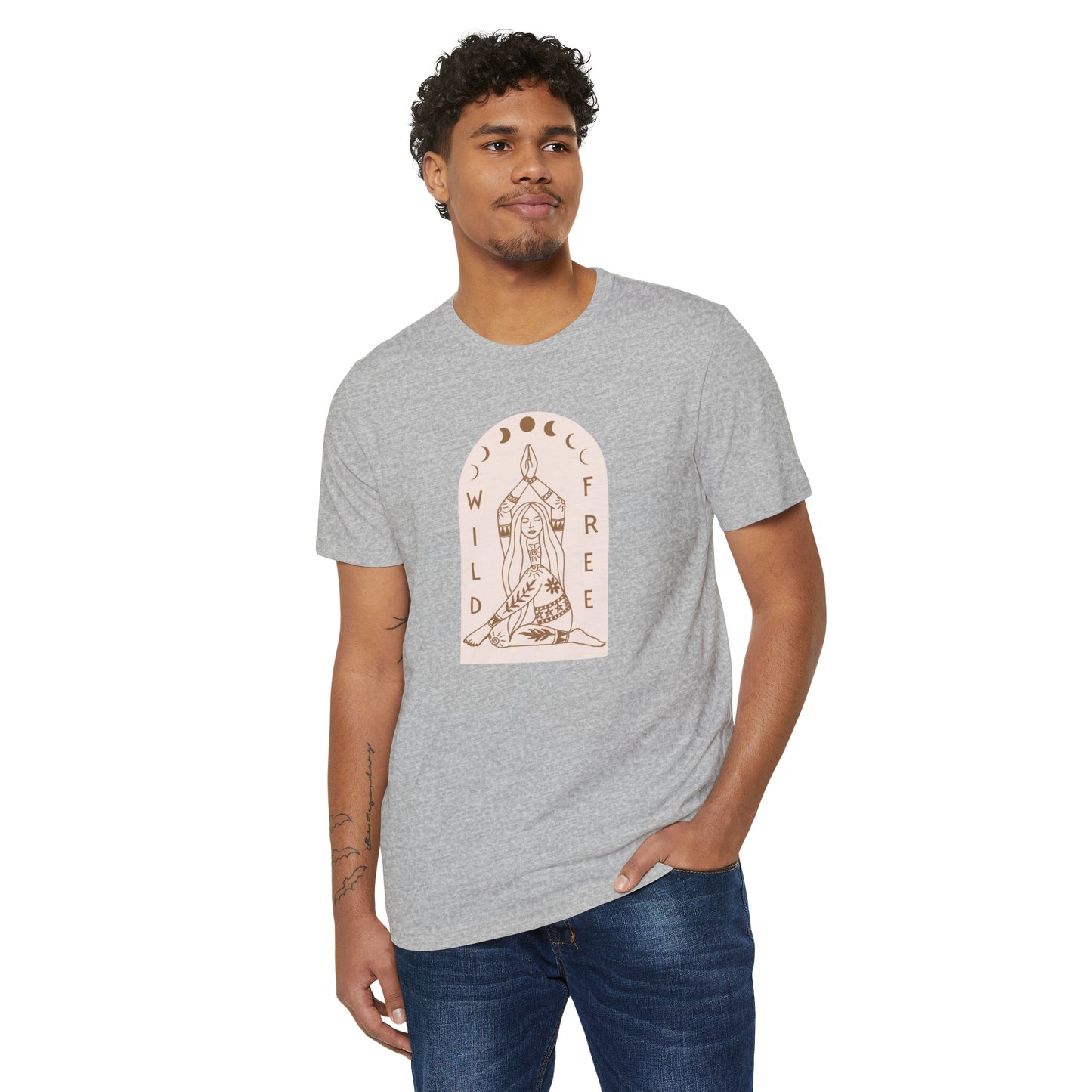 Wild & Free Unisex Recycled Organic T-Shirt on model (Athletic Grey)