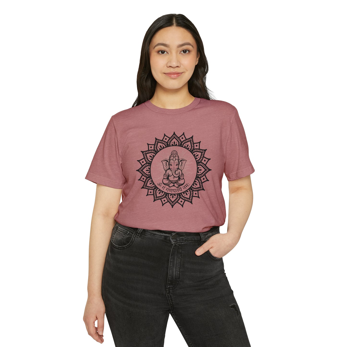 Om Gam Ganapataye Namaha Unisex Recycled Organic T-Shirt on model (Mauve)