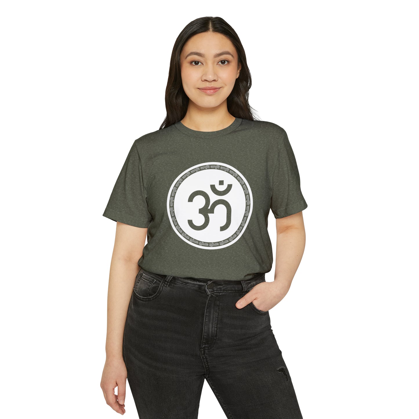 Om Unisex Recycled Organic T-Shirt on model (Military Green)