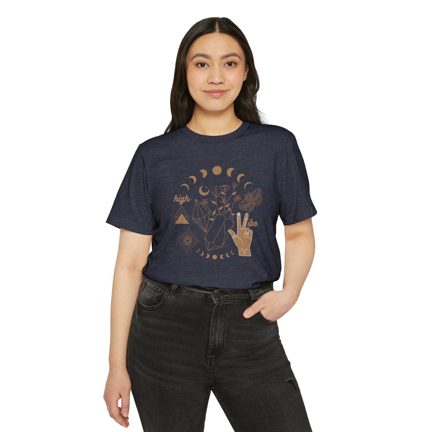 High Vibe Unisex Recycled Organic T-Shirt on model (Navy)