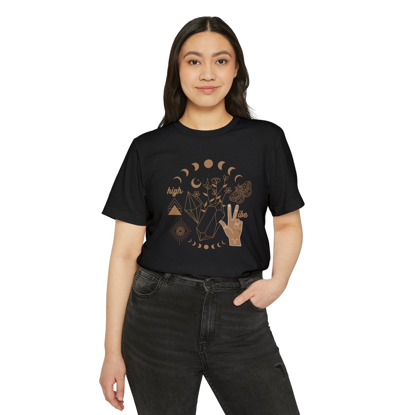 High Vibe Unisex Recycled Organic T-Shirt on model (Black)