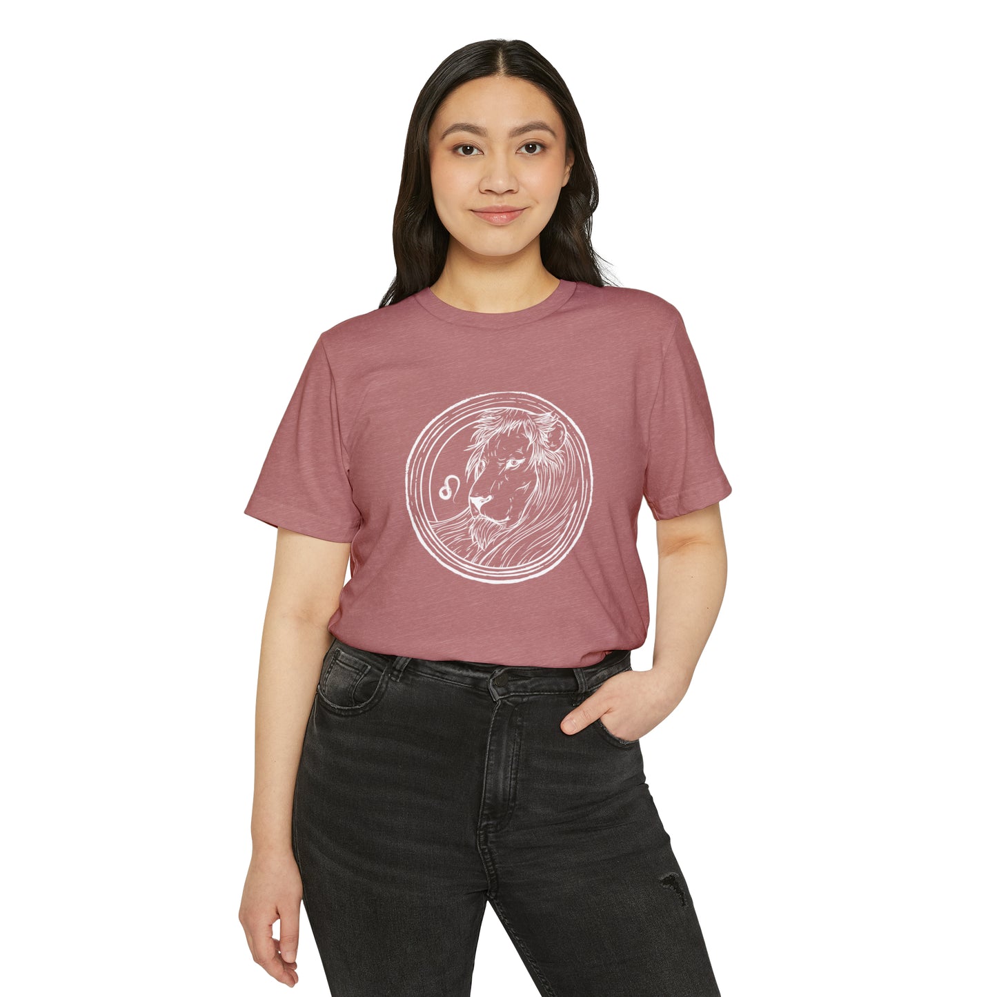 Leo Unisex Recycled Organic T-Shirt on model (Mauve)