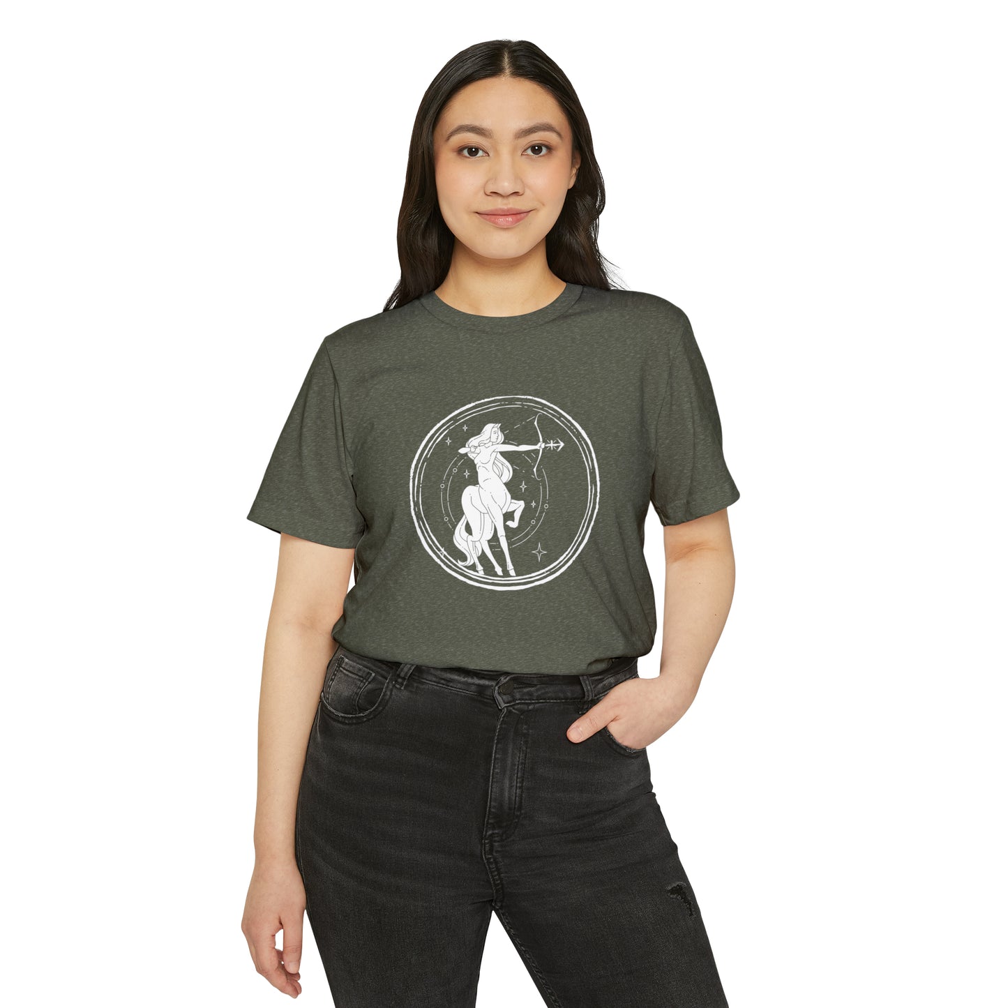 Sagittarius Unisex Recycled Organic T-Shirt on model (Military Green)