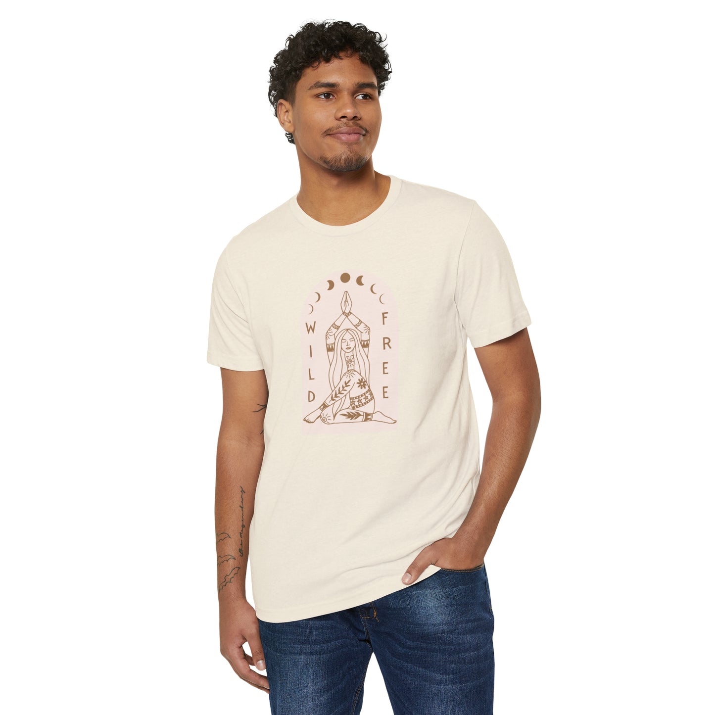 Wild & Free Unisex Recycled Organic T-Shirt on model (Natural)