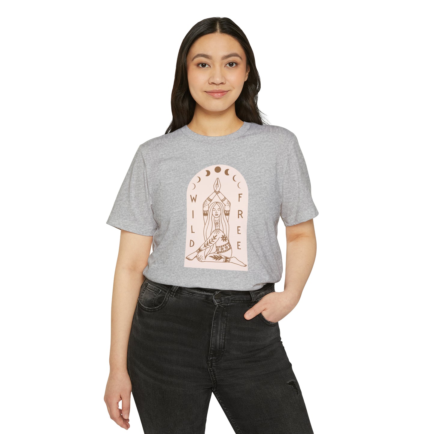 Wild & Free Unisex Recycled Organic T-Shirt on model (Athletic Grey)