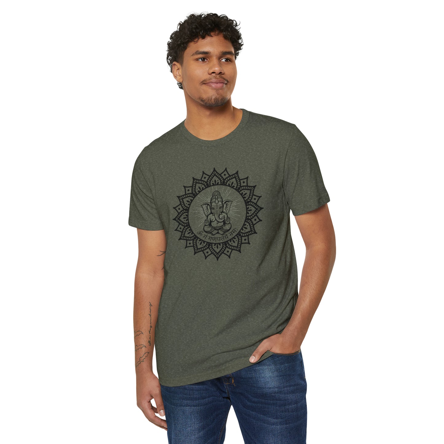 Om Gam Ganapataye Namaha Unisex Recycled Organic T-Shirt on model (Military Green)
