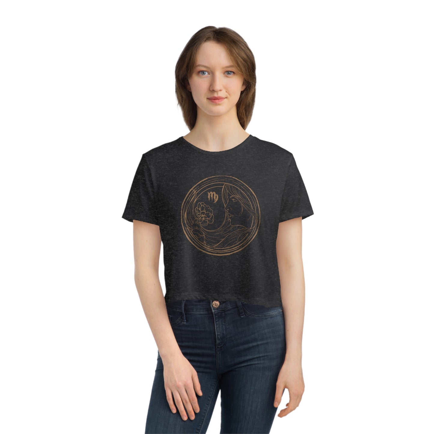 Virgo Zodiac Cropped Tee on model (Dark Grey)