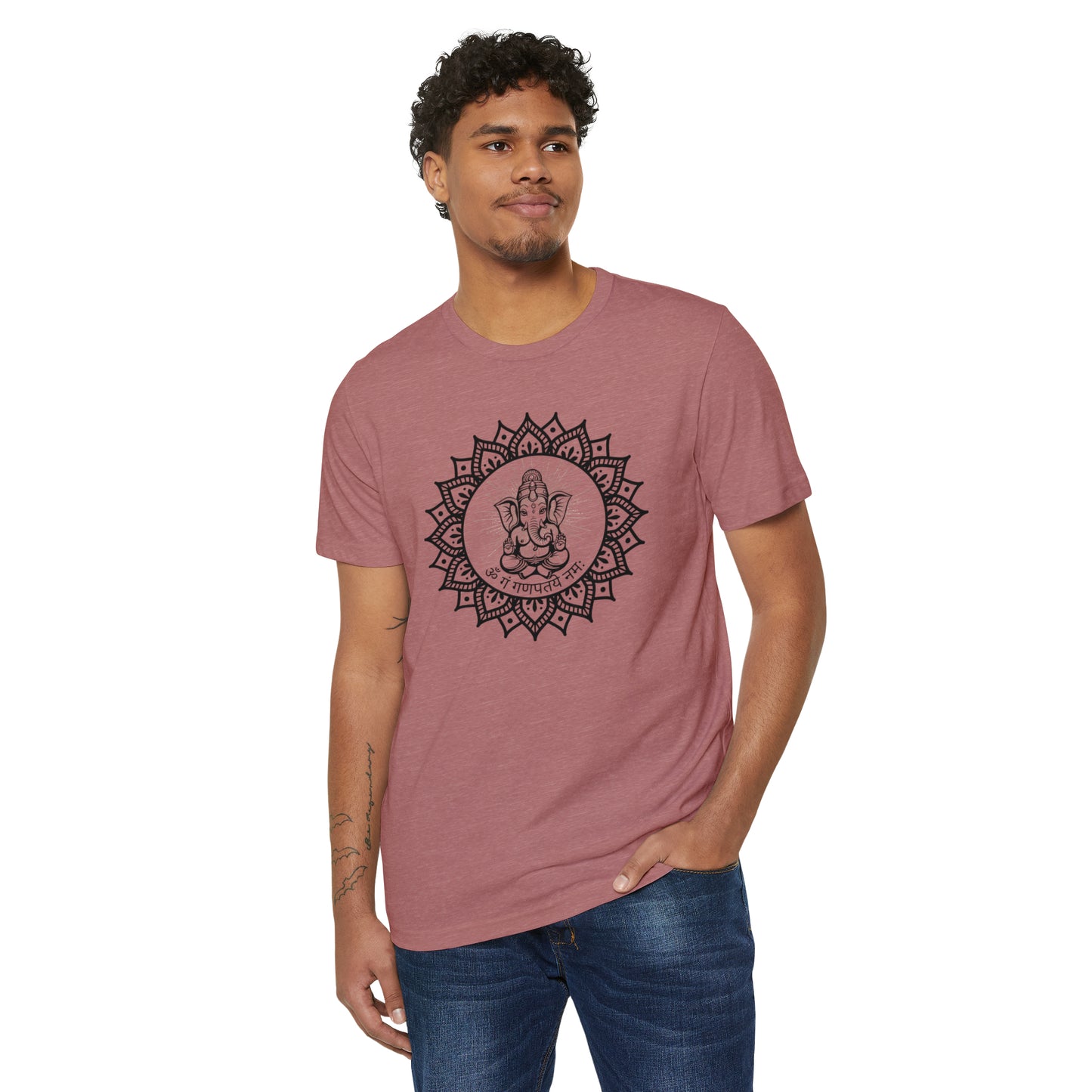 Om Gam Ganapataye Namaha Unisex Recycled Organic T-Shirt on model (Mauve)