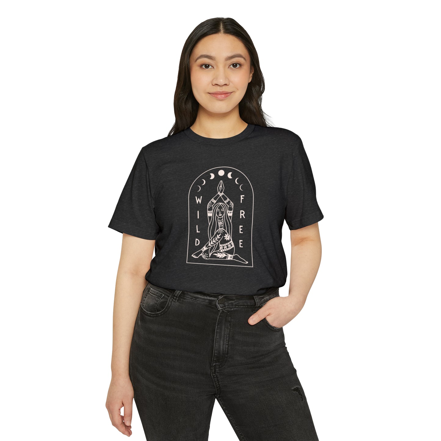 Wild & Free Unisex Recycled Organic T-Shirt on model (Dark Grey)