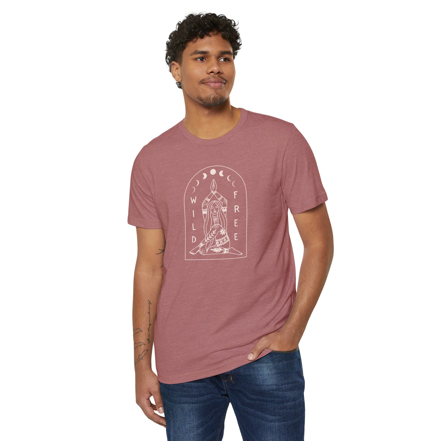 Wild & Free Unisex Recycled Organic T-Shirt on model (Mauve)