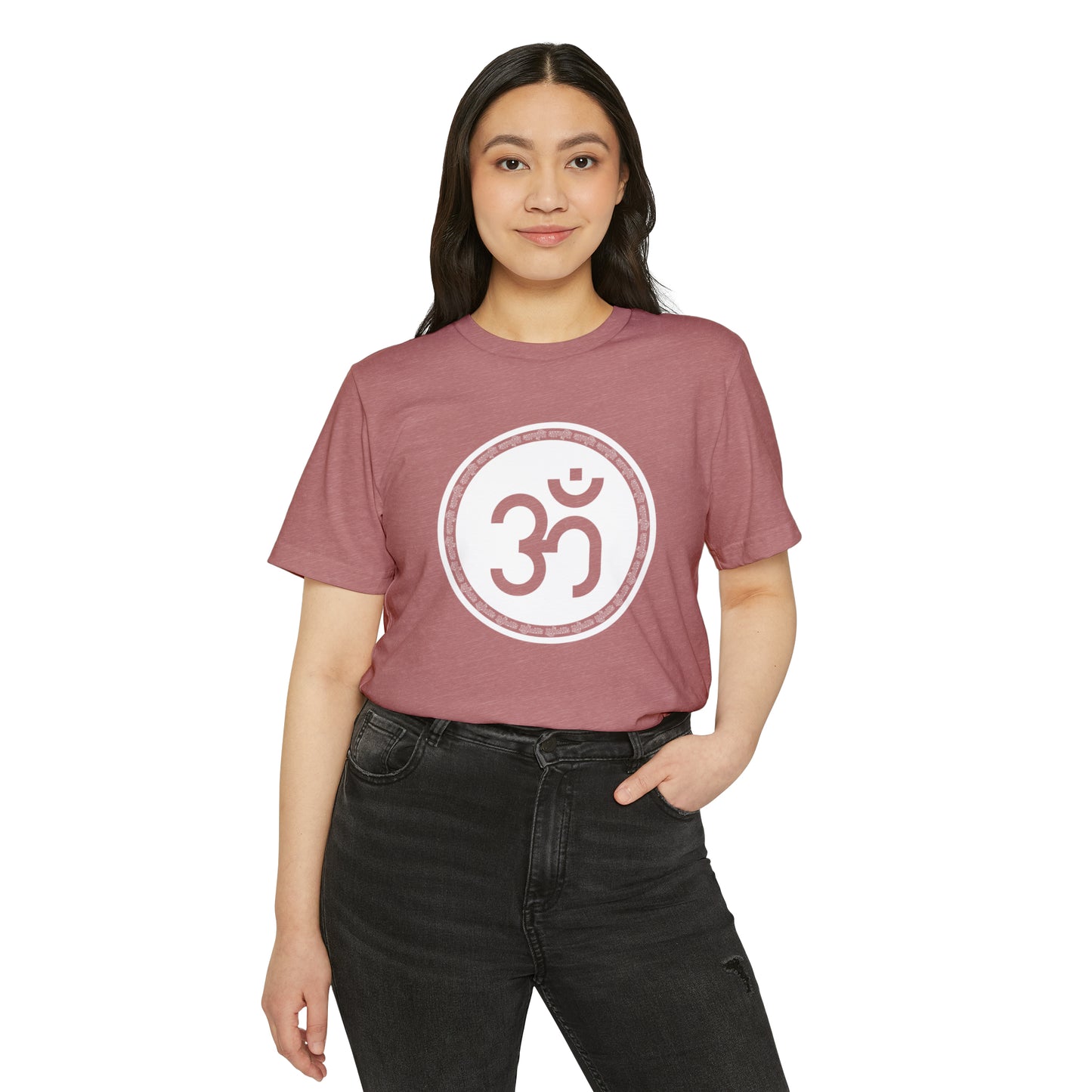 Om Unisex Recycled Organic T-Shirt on model (Mauve)