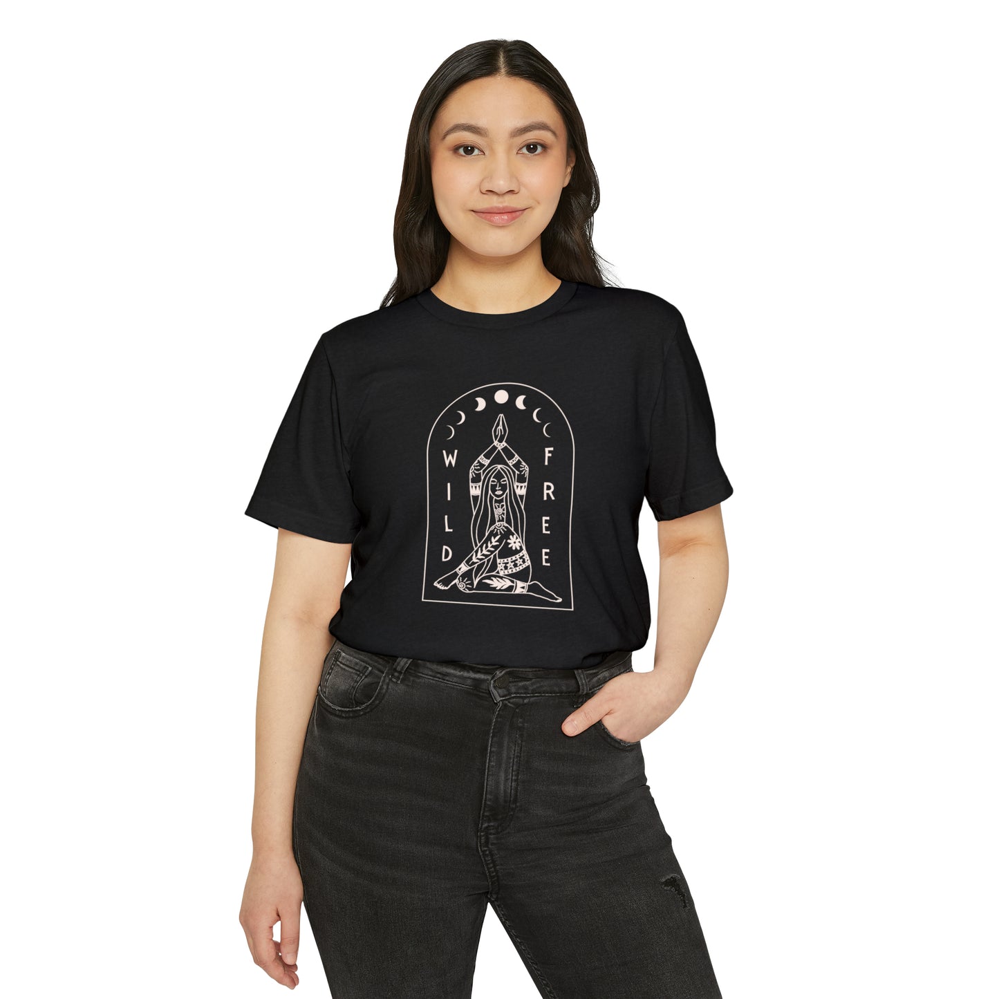 Wild & Free Unisex Recycled Organic T-Shirt on model (Black)