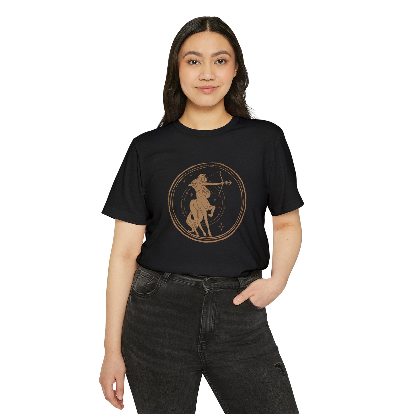 Sagittarius Unisex Recycled Organic T-Shirt on model (Black)