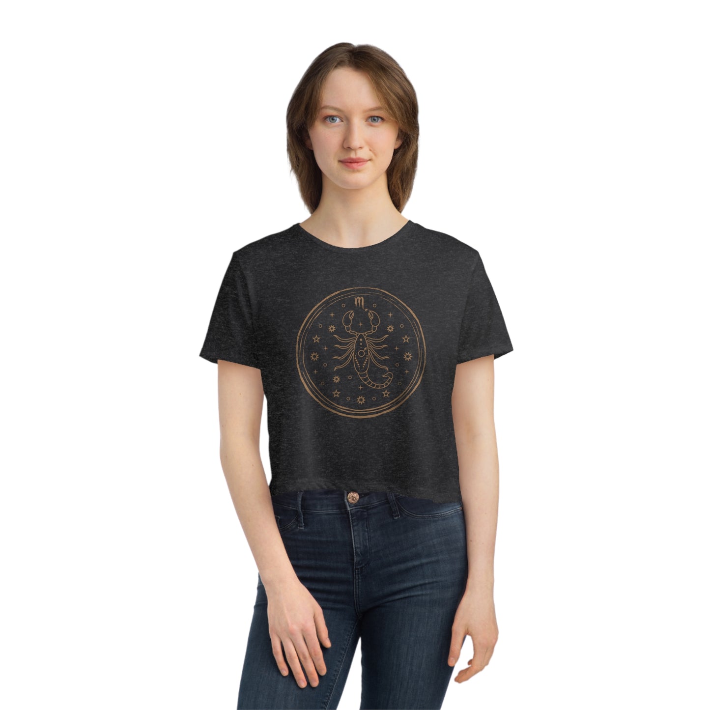 Scorpio Zodiac Cropped Tee on model (Dark Grey)