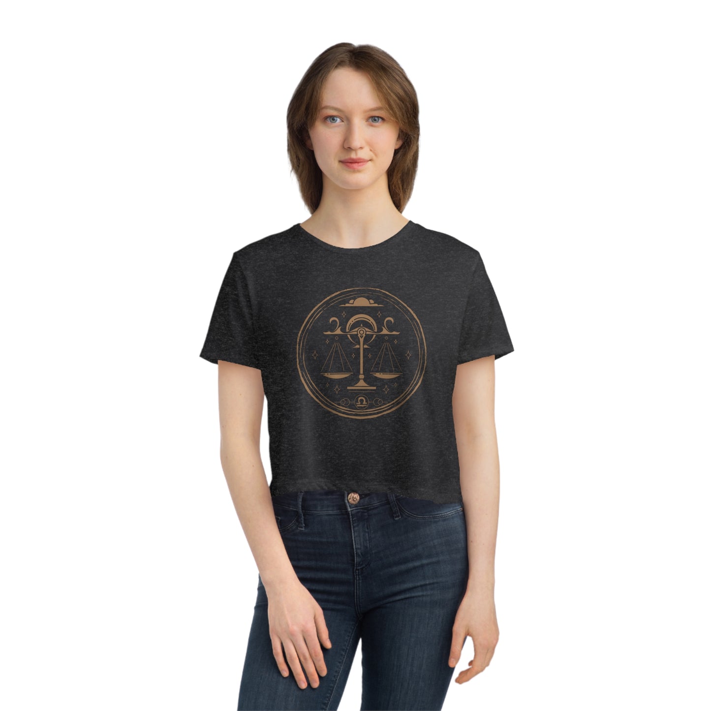 Libra Zodiac Cropped Tee on model (Dark Grey)