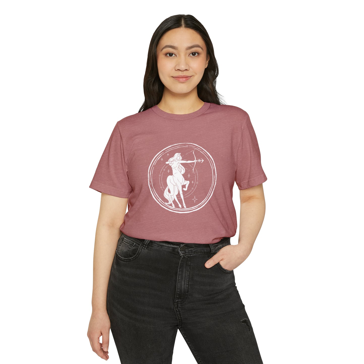 Sagittarius Unisex Recycled Organic T-Shirt on model (Mauve)