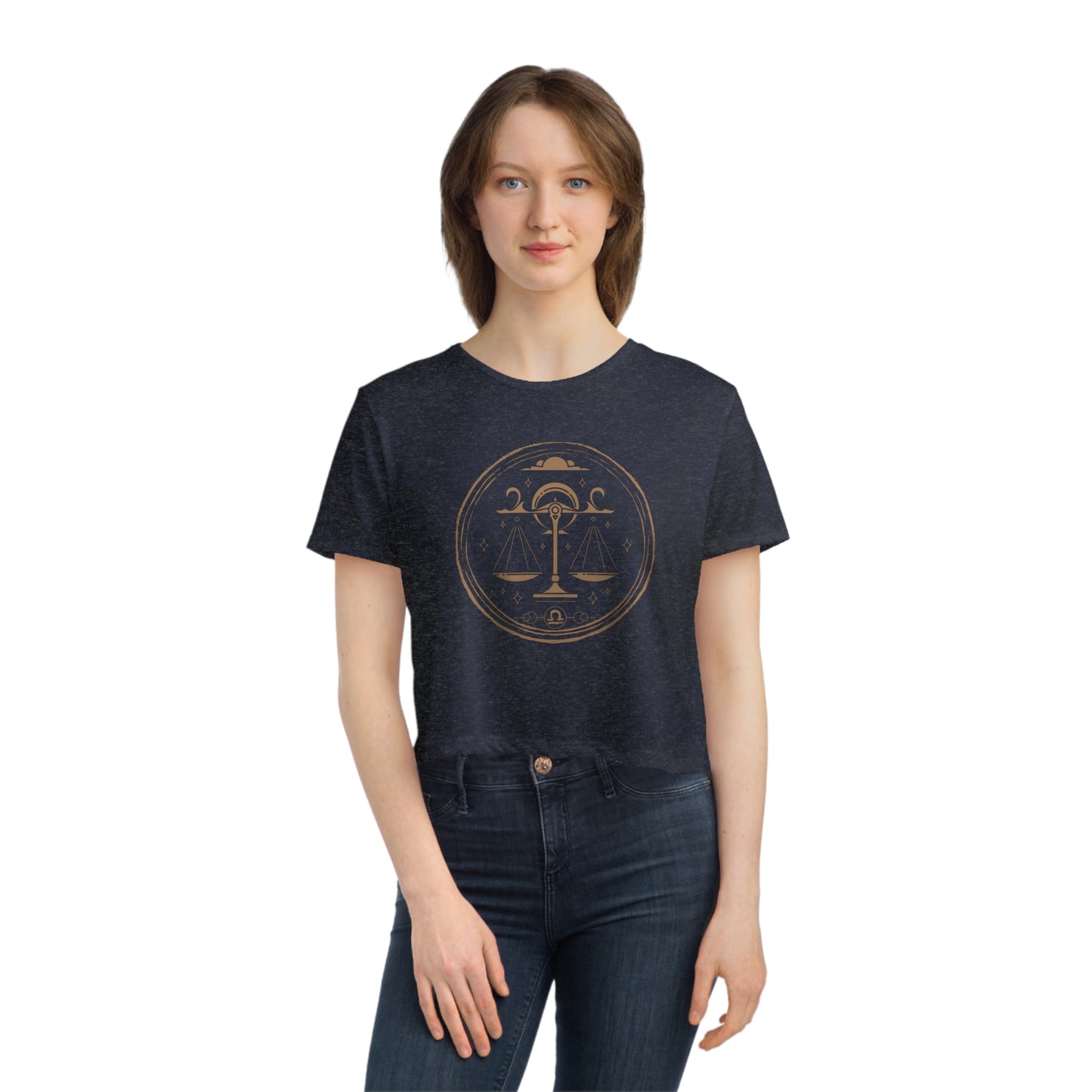 Libra Zodiac Cropped Tee on model (Navy)