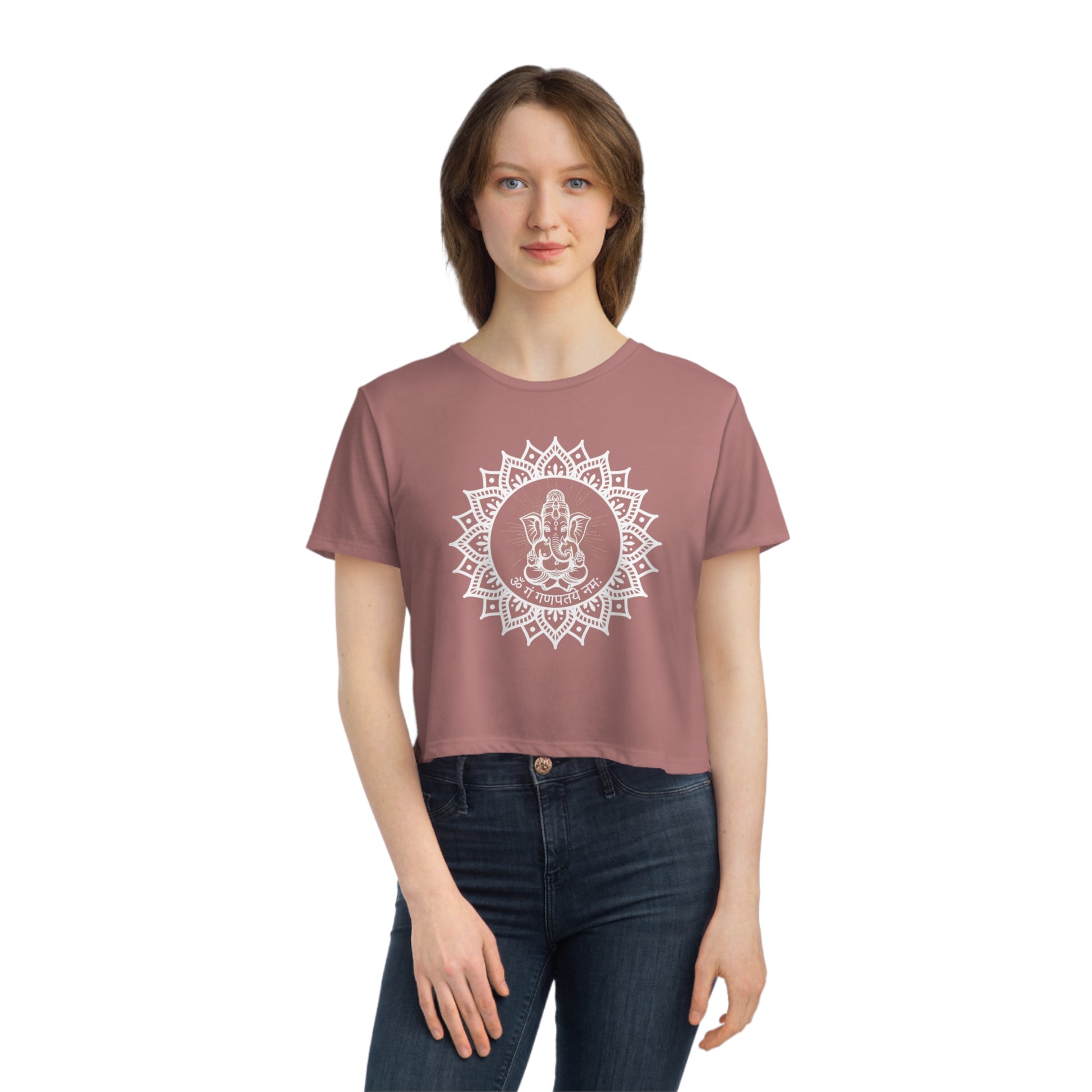 Om Gam Ganapataye Namaha Cropped Tee on model (Mauve)