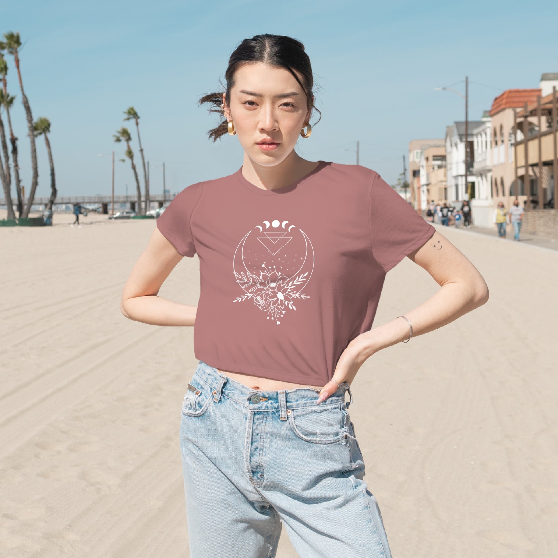 Chakras Cropped Tee on model (Mauve)