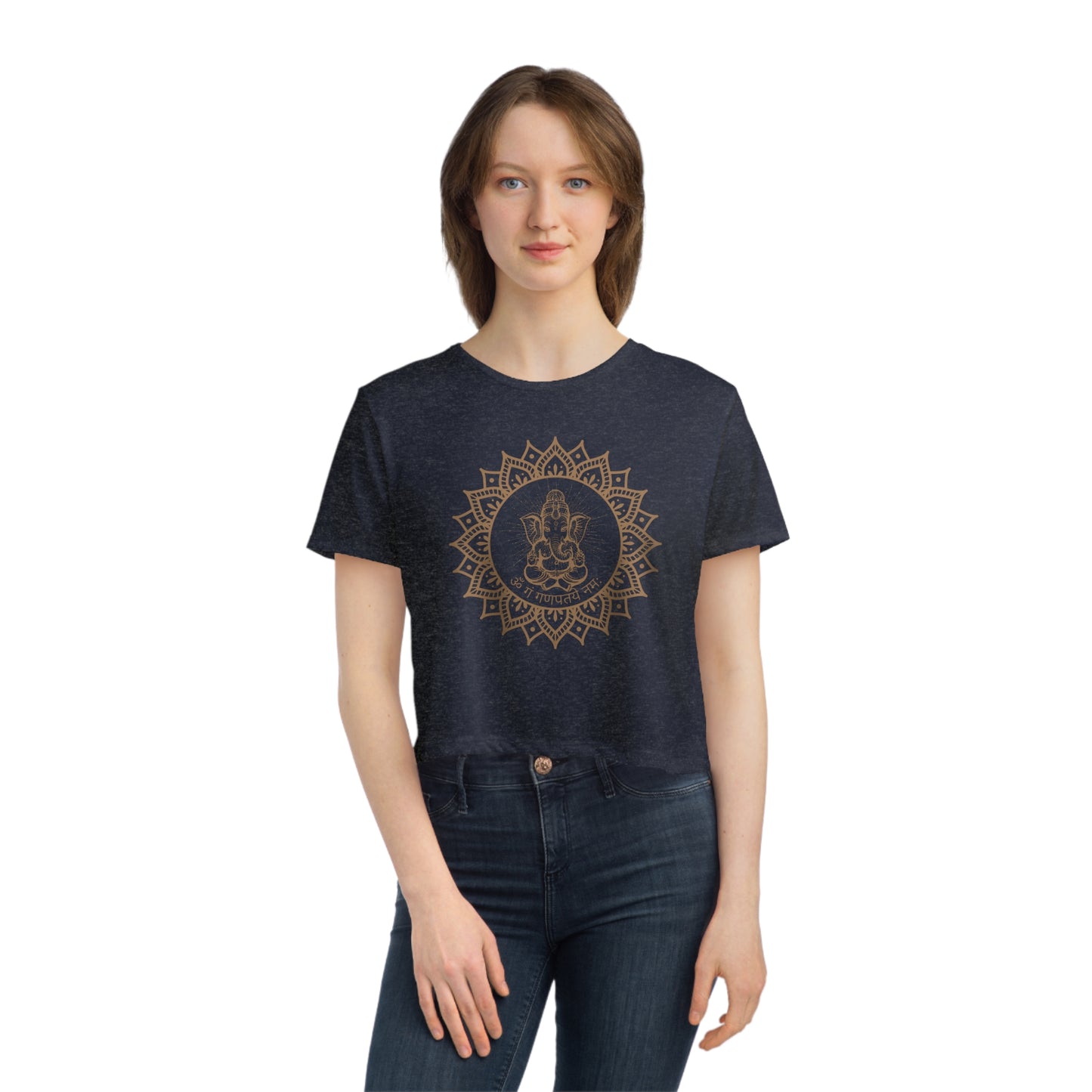 Om Gam Ganapataye Namaha Cropped Tee on model (Navy)