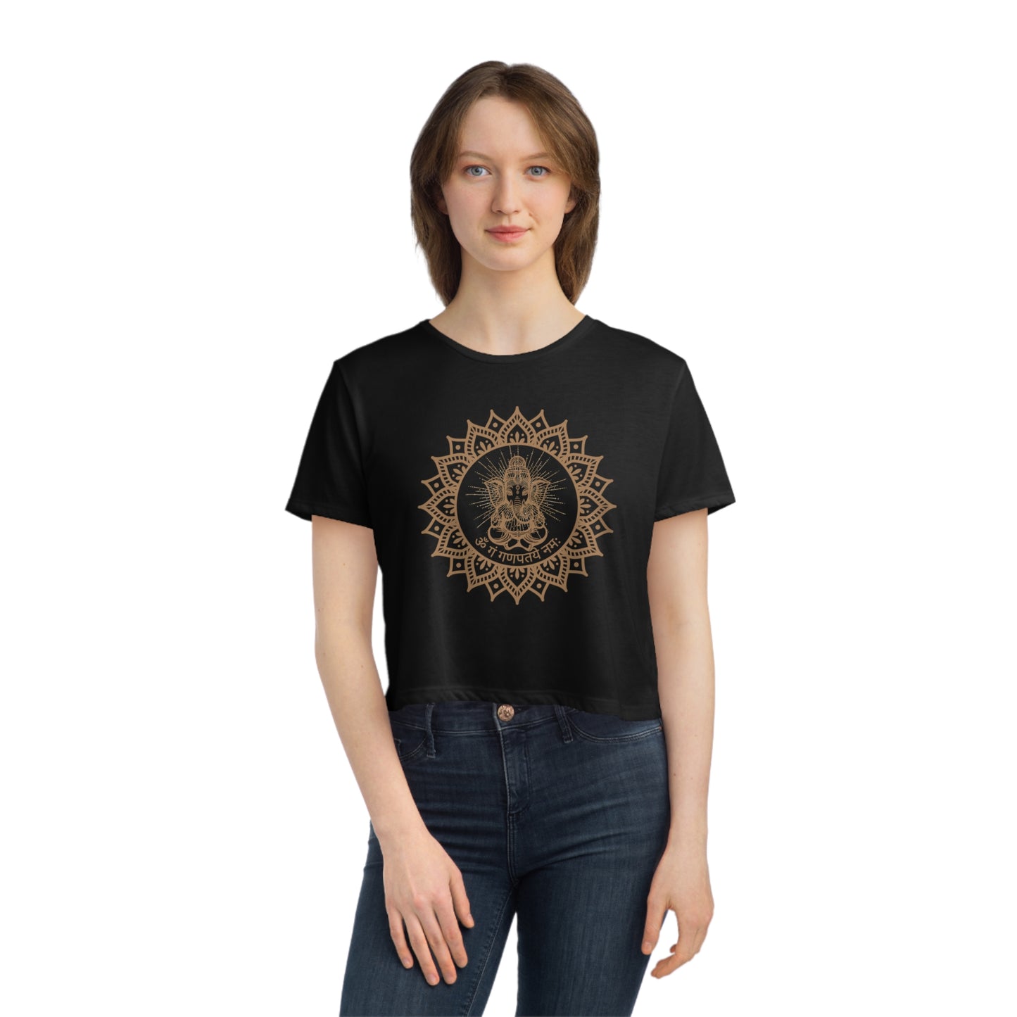 Om Gam Ganapataye Namaha Cropped Tee on model (Black)