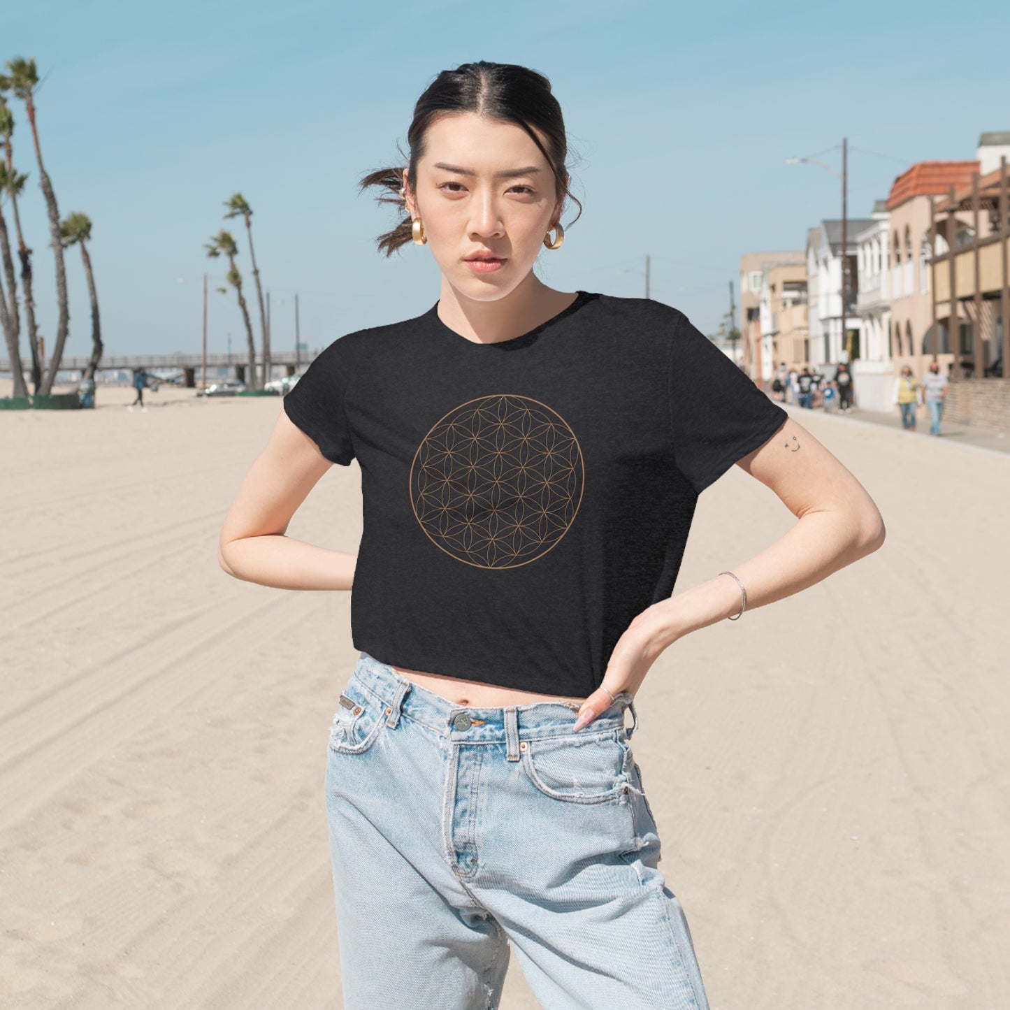 Flower of Life Cropped Tee on model (Dark Grey)