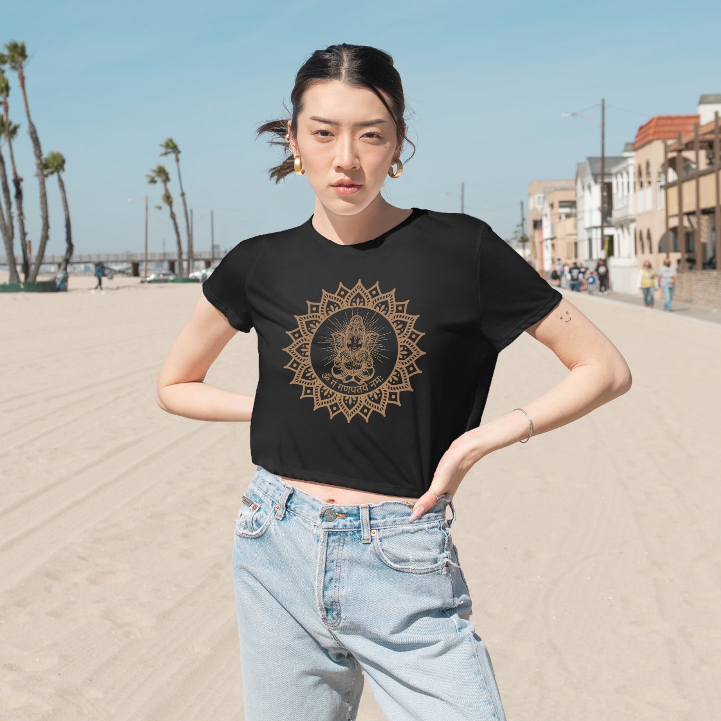 Om Gam Ganapataye Namaha Cropped Tee on model (Black)