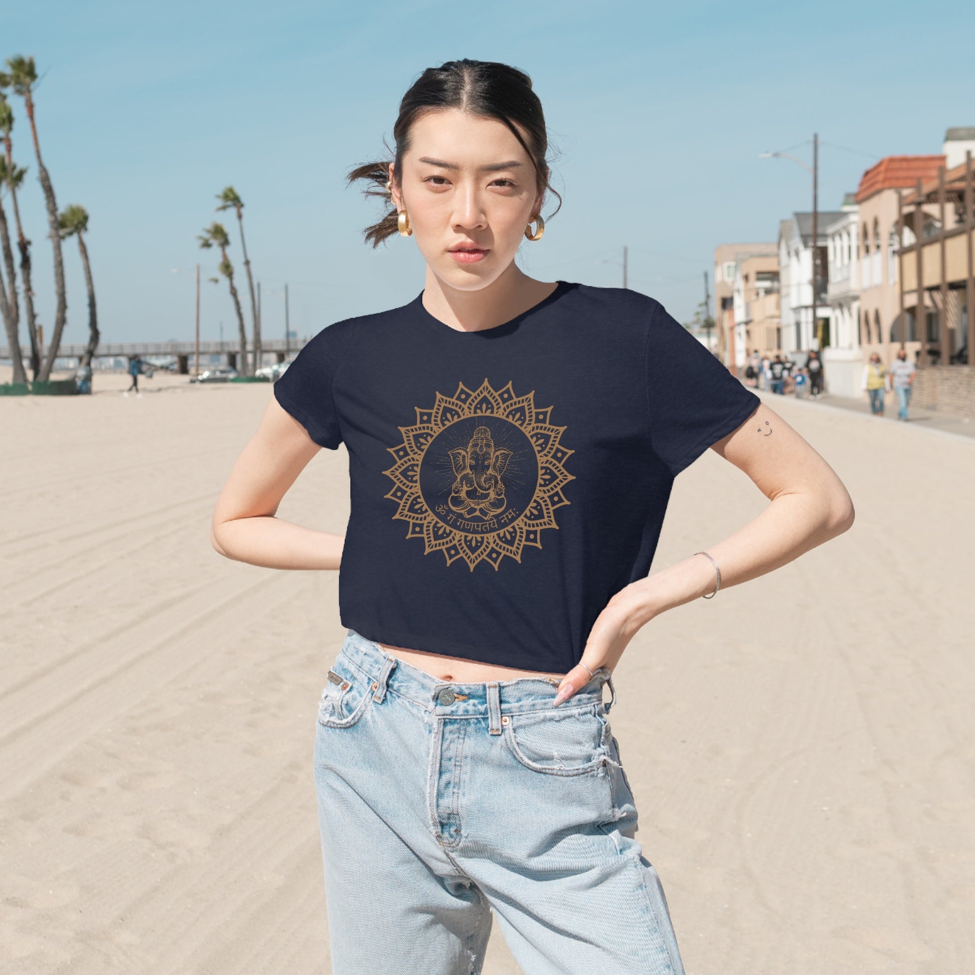 Om Gam Ganapataye Namaha Cropped Tee on model (Navy)