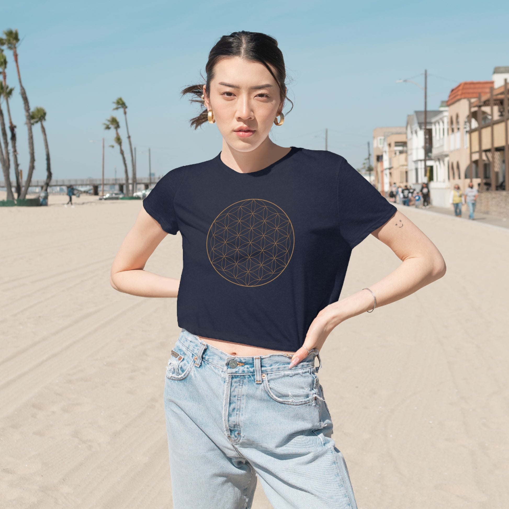 Flower of Life Cropped Tee on model (Navy)