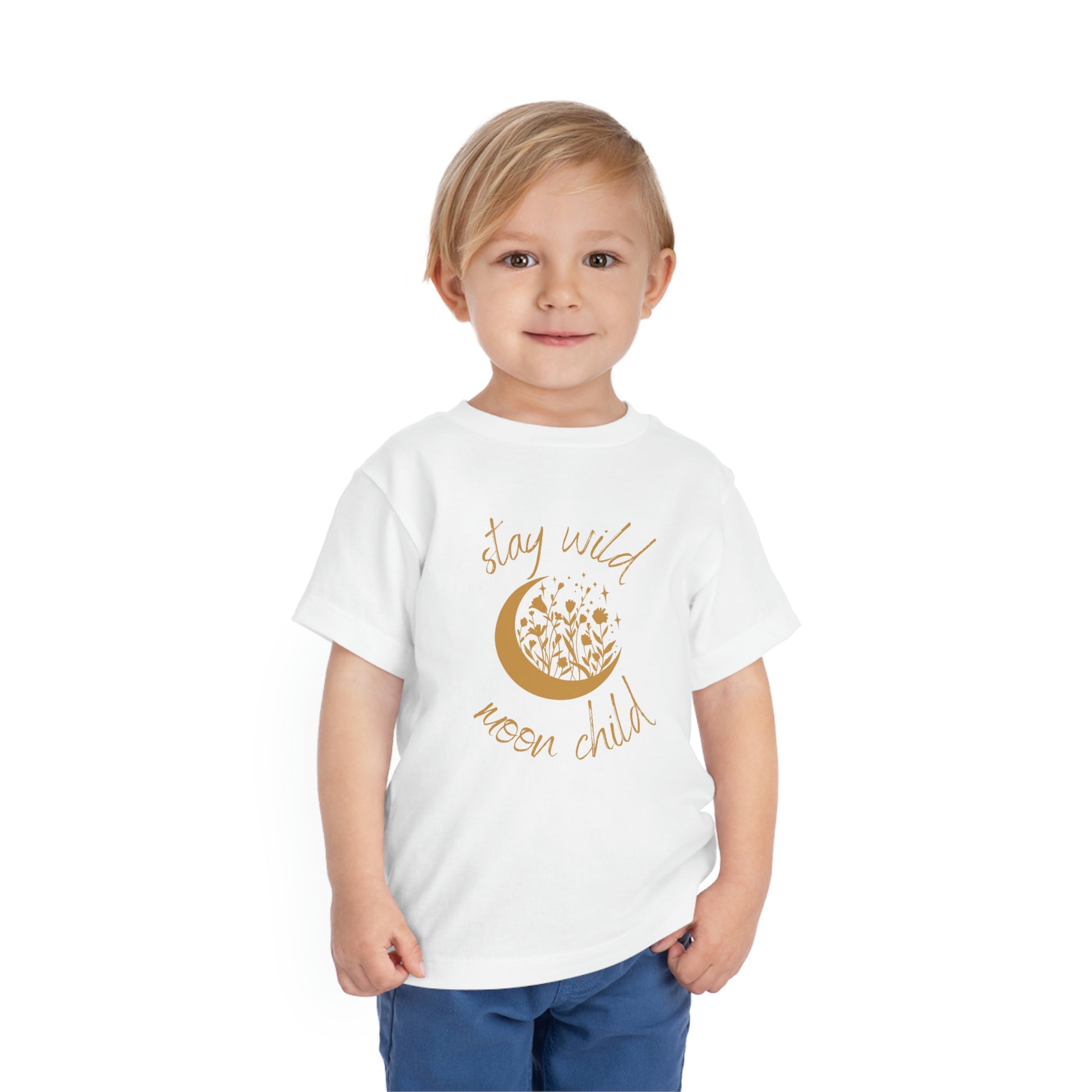 Toddler Short Sleeve Stay Wild Moon Child Tee on model (White)