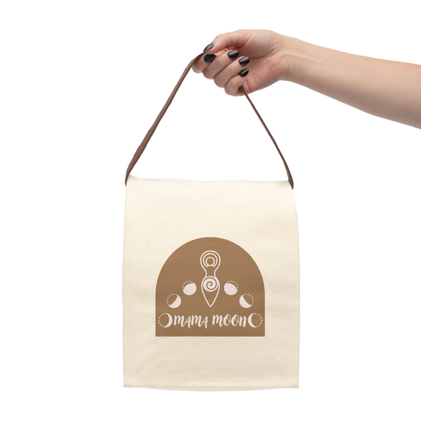 Mama Moon's Window Canvas Lunch Bag With Strap held (Natural)